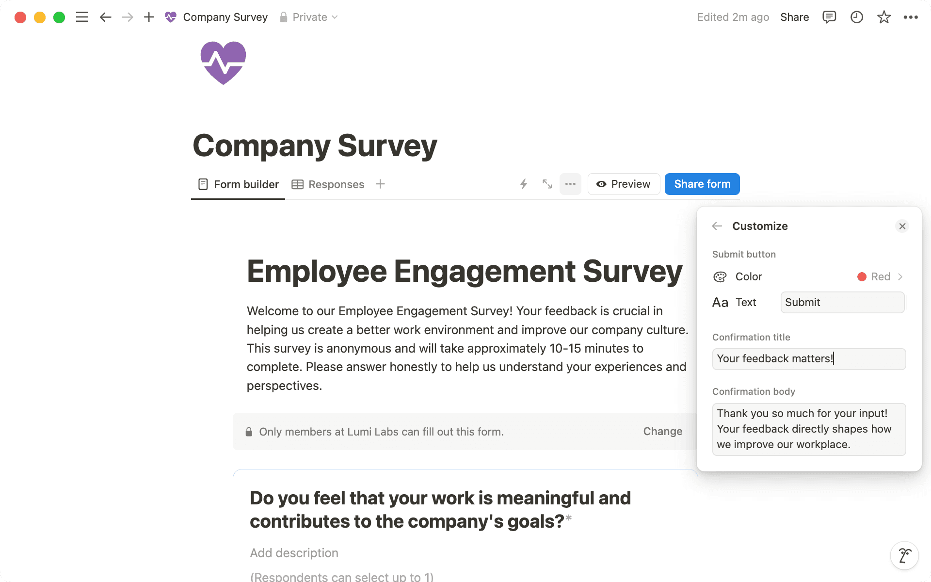 Customize your submission button and message for a more personalized touch